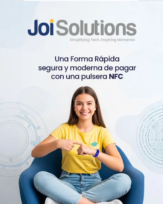 Niña pagando con pulsera NFC Joi Solutions en punto de venta escolar